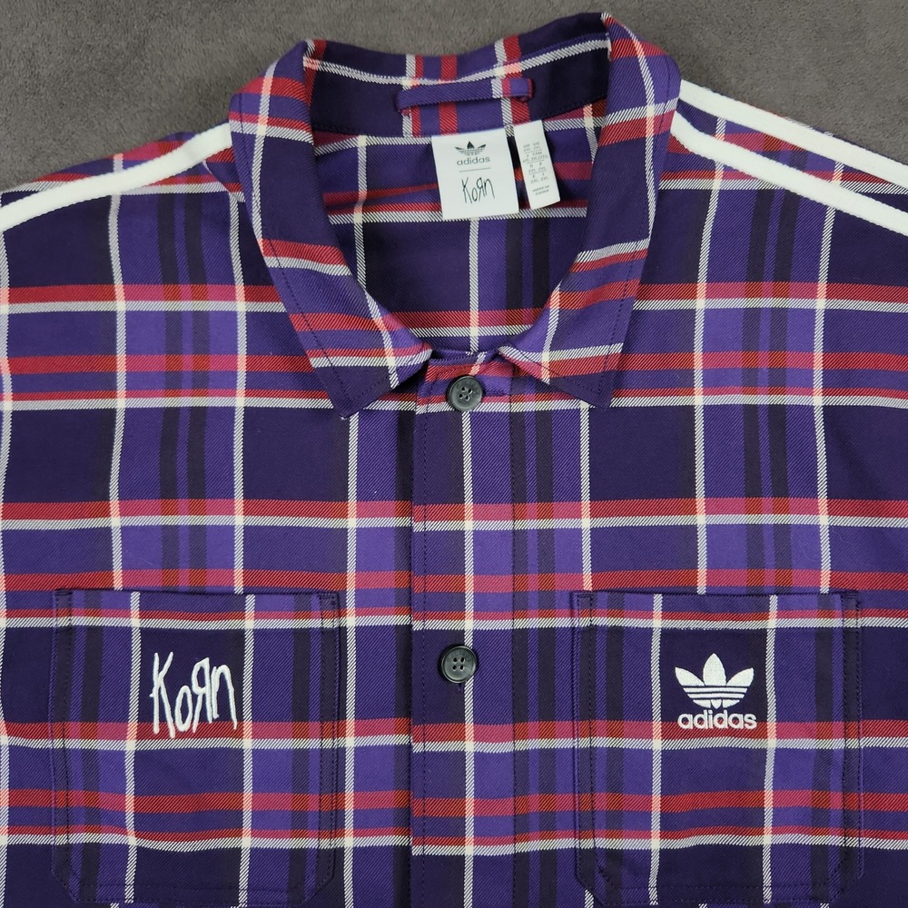 Adidas Korn Plaid Shirt Mens 2XL Purple Flannel Long Sleeve Button Up‎ 3-Stripes